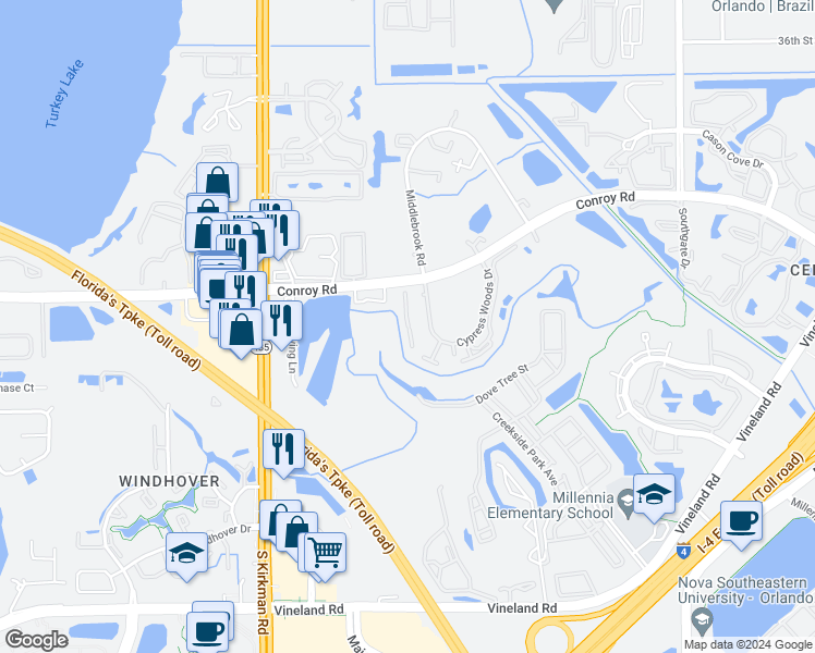 map of restaurants, bars, coffee shops, grocery stores, and more near 5403 Pine Creek Drive in Orlando