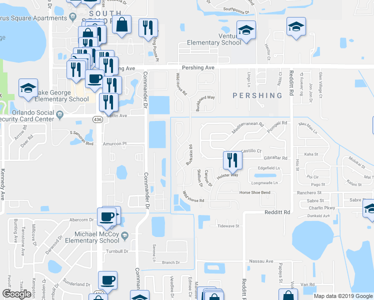 map of restaurants, bars, coffee shops, grocery stores, and more near 2860 Campfire Lane in Orlando