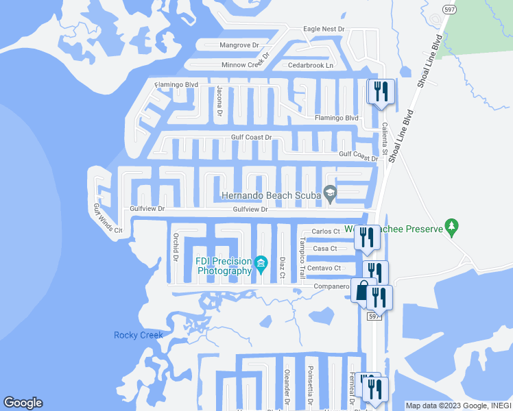 map of restaurants, bars, coffee shops, grocery stores, and more near 3393 Gulfview Drive in Hernando Beach