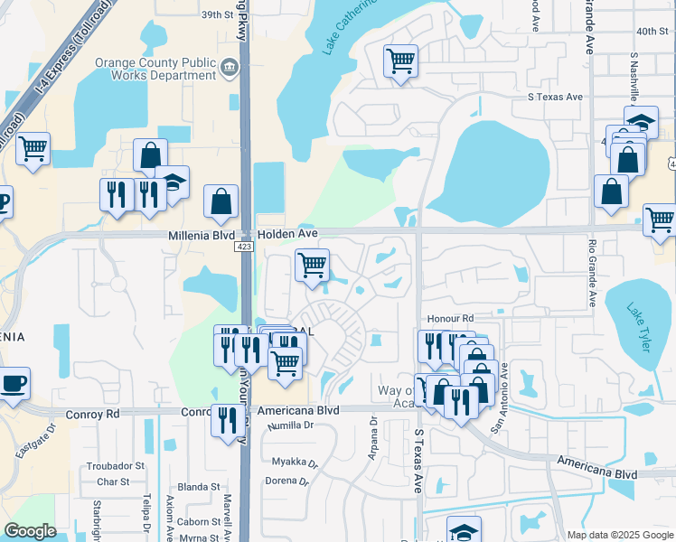 map of restaurants, bars, coffee shops, grocery stores, and more near 2302 Mid Town Terrace in Orlando