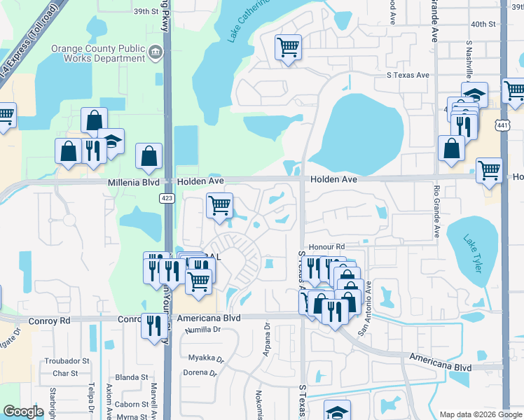 map of restaurants, bars, coffee shops, grocery stores, and more near 2226 Metropolitan Way in Orlando