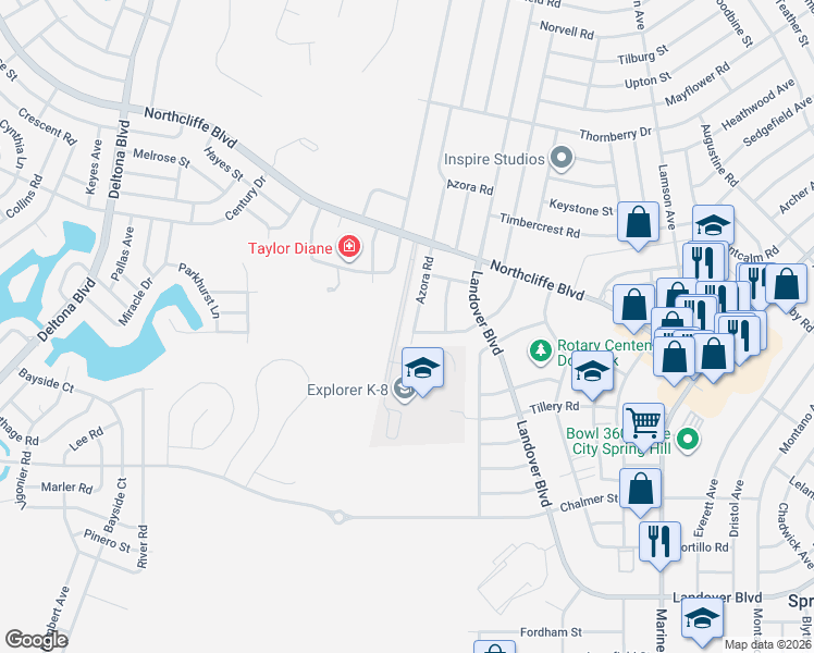 map of restaurants, bars, coffee shops, grocery stores, and more near 4273 Azora Road in Spring Hill