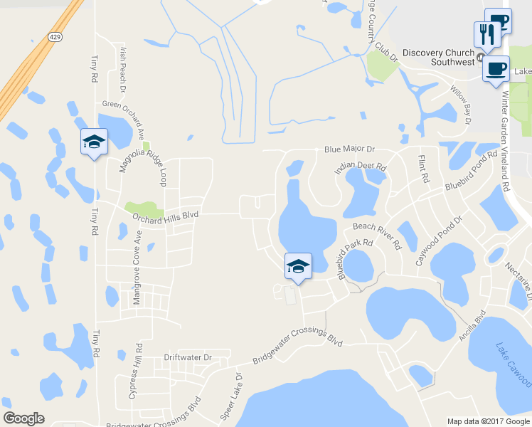 map of restaurants, bars, coffee shops, grocery stores, and more near 14648 Yellow Butterfly Road in Windermere