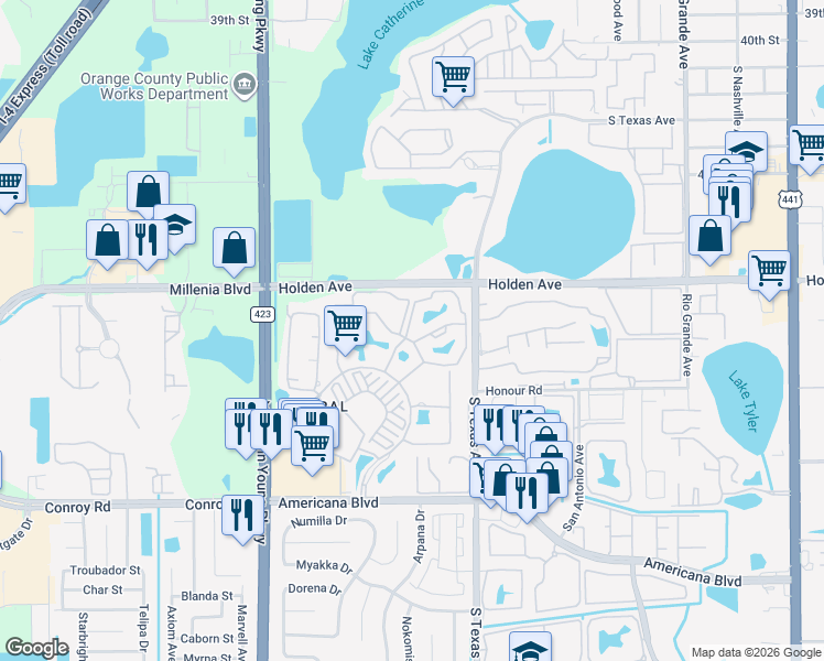 map of restaurants, bars, coffee shops, grocery stores, and more near 2226 Metropolitan Way in Orlando