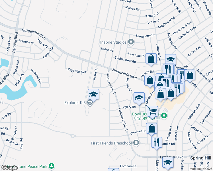 map of restaurants, bars, coffee shops, grocery stores, and more near 4355 Millwood Road in Spring Hill