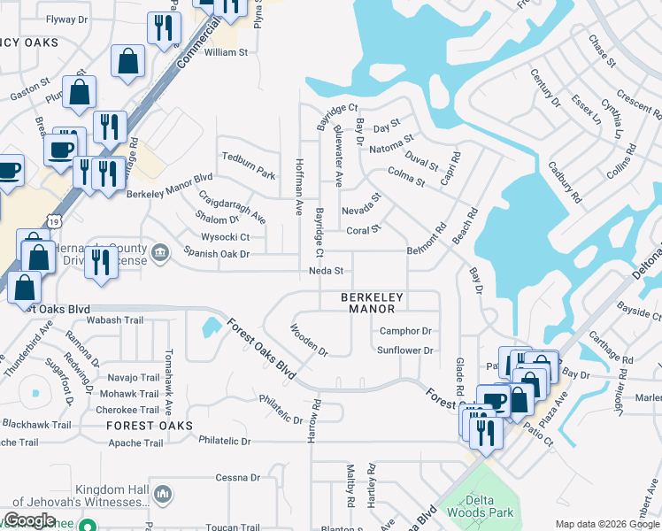 map of restaurants, bars, coffee shops, grocery stores, and more near 8275 Neda Street in Spring Hill