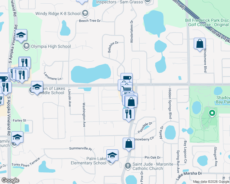 map of restaurants, bars, coffee shops, grocery stores, and more near 8009 Landgrove Court in Orlando