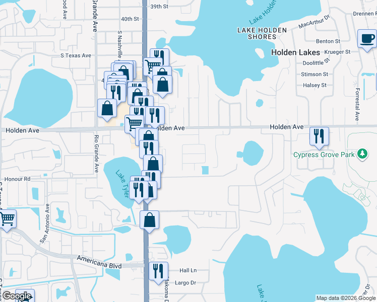 map of restaurants, bars, coffee shops, grocery stores, and more near 1146 Center Grove Street in Orlando