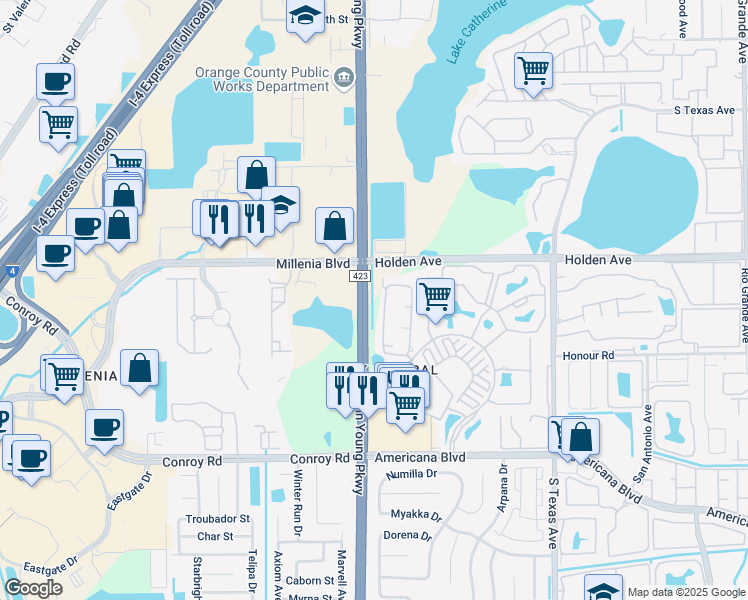 map of restaurants, bars, coffee shops, grocery stores, and more near 4951 South John Young Parkway in Orlando