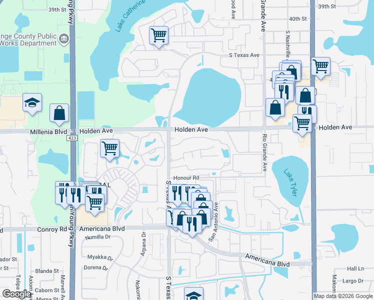 map of restaurants, bars, coffee shops, grocery stores, and more near 4713 South Texas Avenue in Orlando
