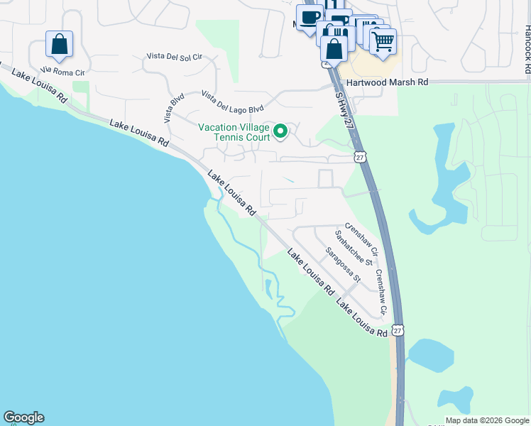 map of restaurants, bars, coffee shops, grocery stores, and more near 10008 Lake Louisa Road in Clermont