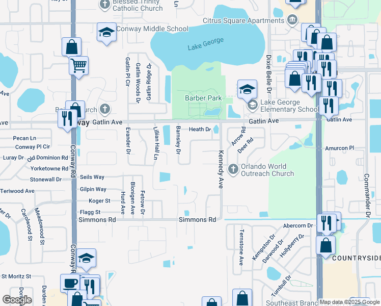 map of restaurants, bars, coffee shops, grocery stores, and more near 5110 Formby Drive in Orlando