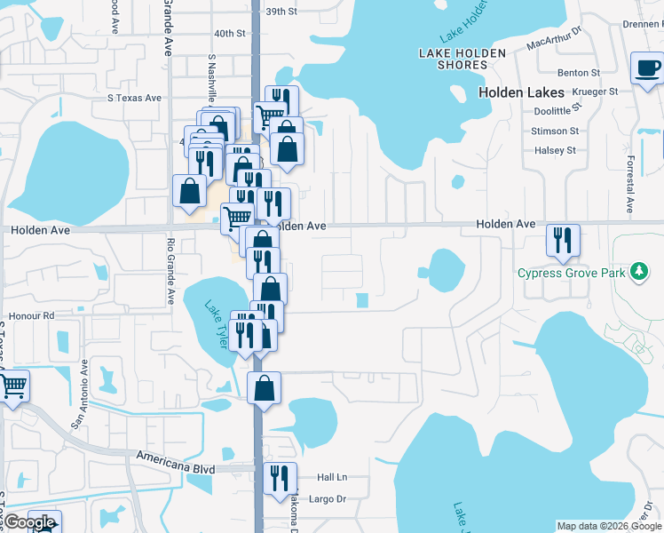 map of restaurants, bars, coffee shops, grocery stores, and more near 1146 Center Grove Street in Orlando