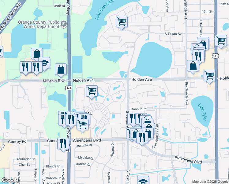 map of restaurants, bars, coffee shops, grocery stores, and more near 2226 Metropolitan Way in Orlando
