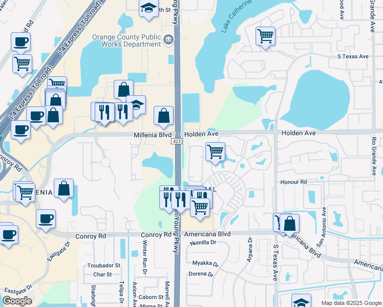 map of restaurants, bars, coffee shops, grocery stores, and more near 4951 South John Young Parkway in Orlando