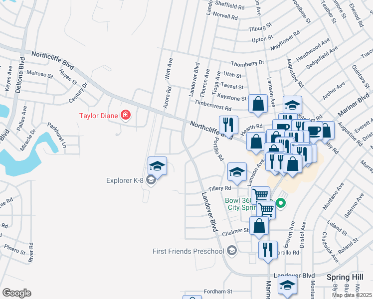 map of restaurants, bars, coffee shops, grocery stores, and more near 4367 Millwood Road in Spring Hill