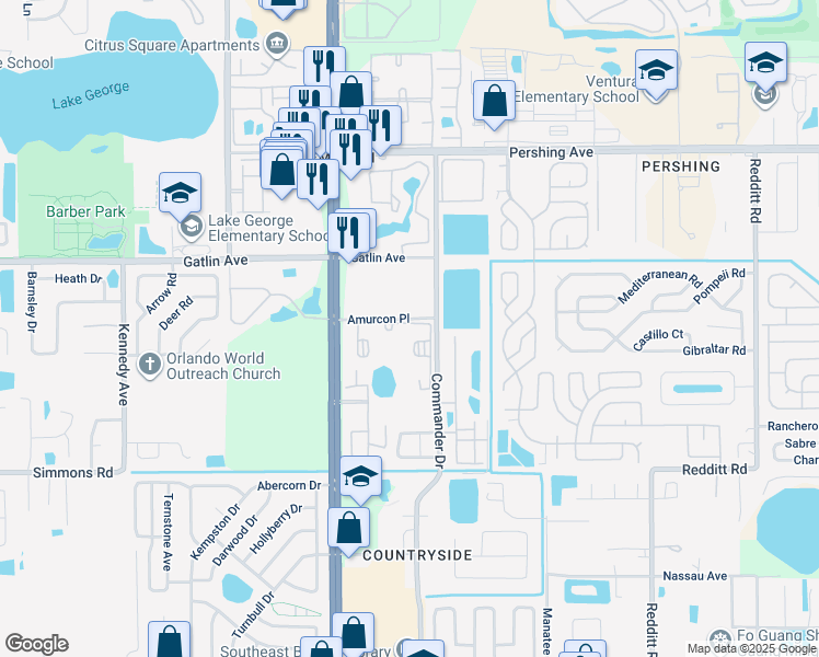 map of restaurants, bars, coffee shops, grocery stores, and more near 5800 Dolphin Drive in Orlando