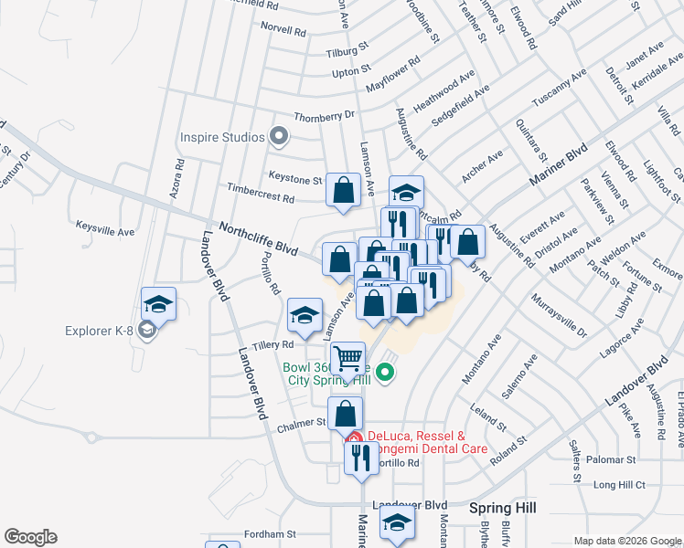 map of restaurants, bars, coffee shops, grocery stores, and more near Northcliffe Blvd & Central Park Dr in Spring Hill
