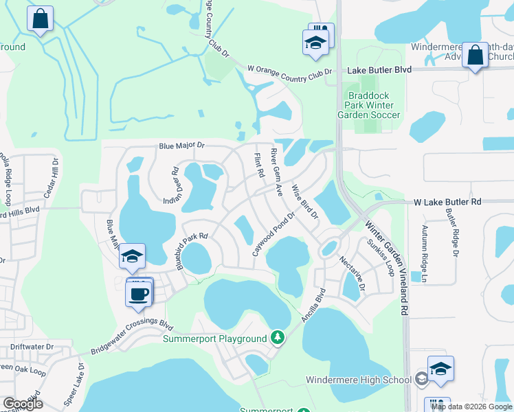 map of restaurants, bars, coffee shops, grocery stores, and more near 5024 Blue Major Drive in Windermere