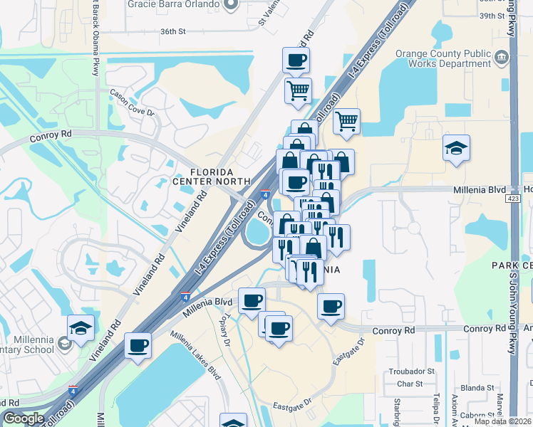 map of restaurants, bars, coffee shops, grocery stores, and more near Conroy Road in Orlando