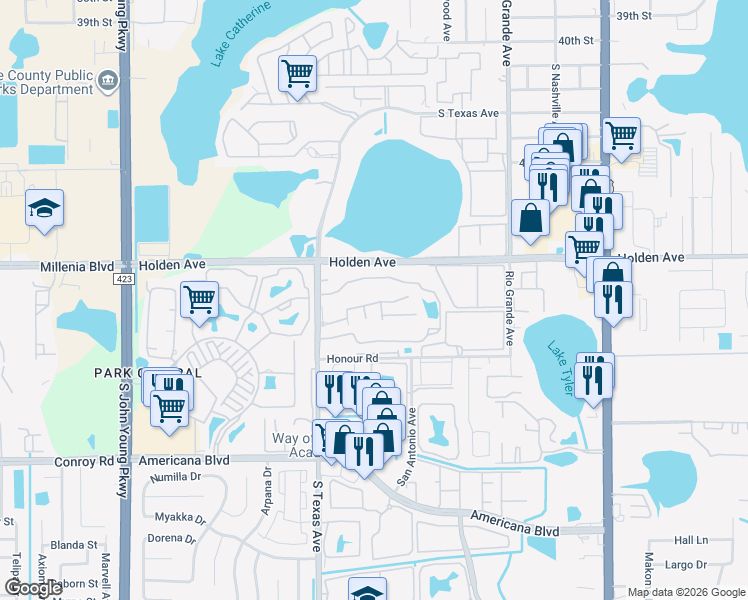 map of restaurants, bars, coffee shops, grocery stores, and more near 4785 South Texas Avenue in Orlando