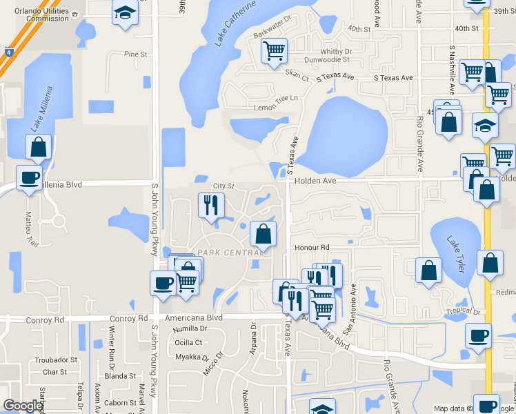 map of restaurants, bars, coffee shops, grocery stores, and more near 2226 Metropolitan Way in Orlando