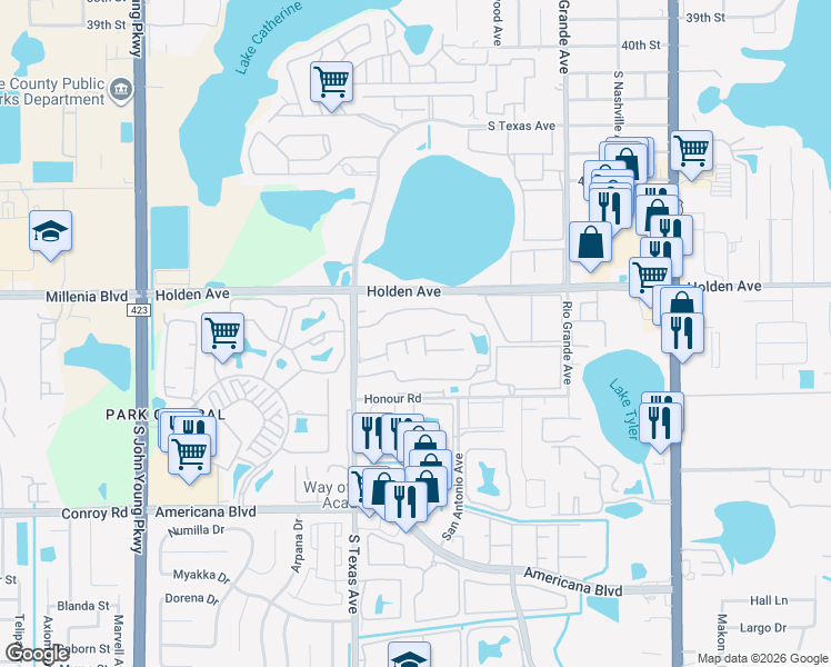 map of restaurants, bars, coffee shops, grocery stores, and more near 4785 South Texas Avenue in Orlando