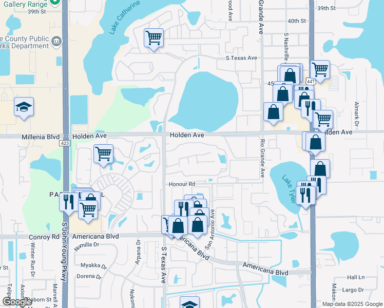 map of restaurants, bars, coffee shops, grocery stores, and more near 4733 South Texas Avenue in Orlando