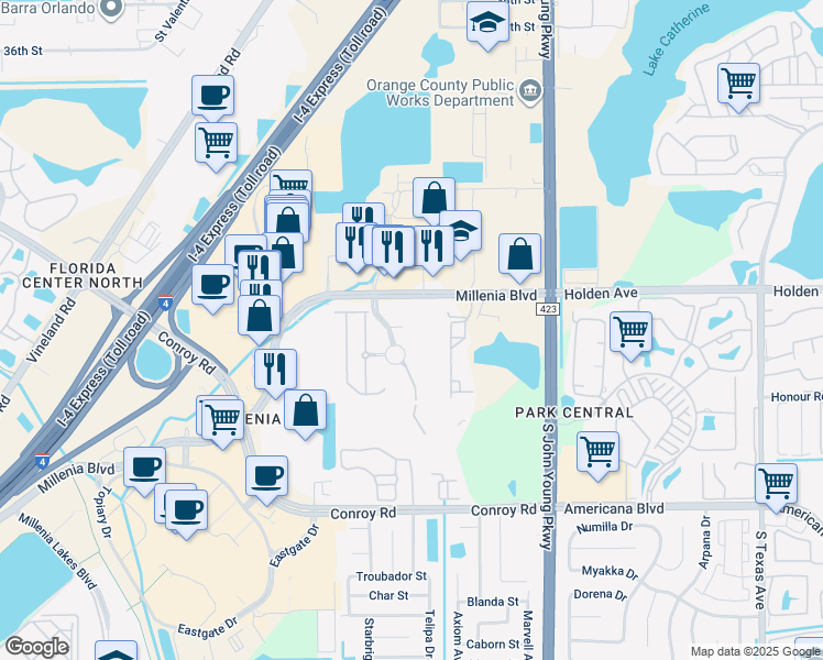 map of restaurants, bars, coffee shops, grocery stores, and more near 3757 Millenia Boulevard in Orlando