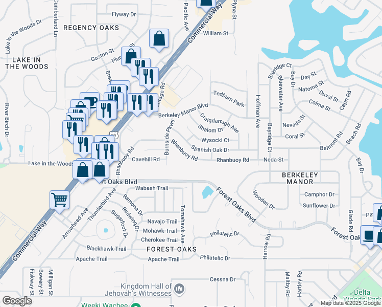 map of restaurants, bars, coffee shops, grocery stores, and more near 8079 Rhanbuoy Road in Spring Hill