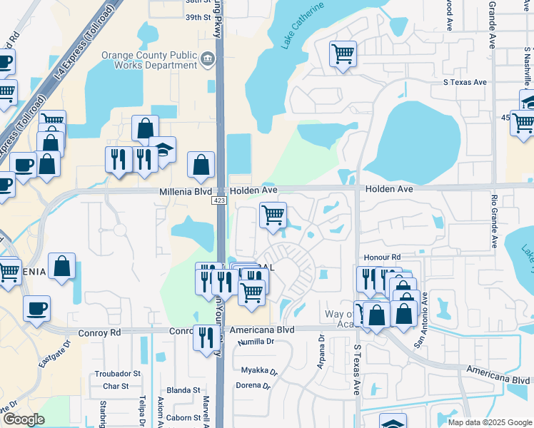 map of restaurants, bars, coffee shops, grocery stores, and more near 5131 City Street in Orlando