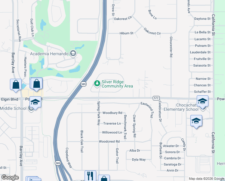 map of restaurants, bars, coffee shops, grocery stores, and more near 15213 Durango Circle in Brooksville