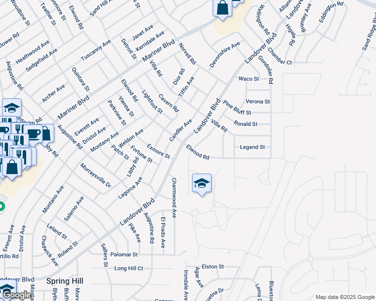 map of restaurants, bars, coffee shops, grocery stores, and more near 4201 Castle Avenue in Spring Hill