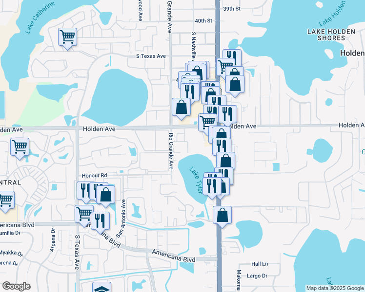 map of restaurants, bars, coffee shops, grocery stores, and more near 1470 Holden Avenue in Orlando