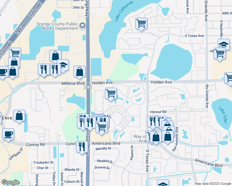 map of restaurants, bars, coffee shops, grocery stores, and more near 5131 City Street in Orlando