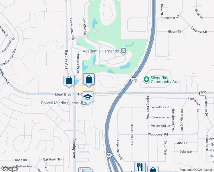 map of restaurants, bars, coffee shops, grocery stores, and more near 14530 Silversmith Circle in Brooksville