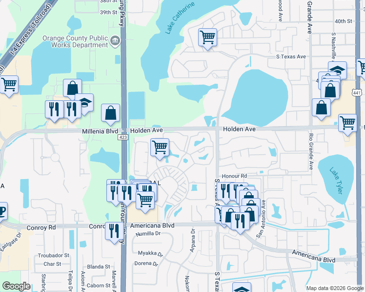 map of restaurants, bars, coffee shops, grocery stores, and more near 2302 Mid Town Terrace in Orlando