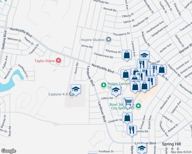 map of restaurants, bars, coffee shops, grocery stores, and more near 4400 Millwood Road in Spring Hill