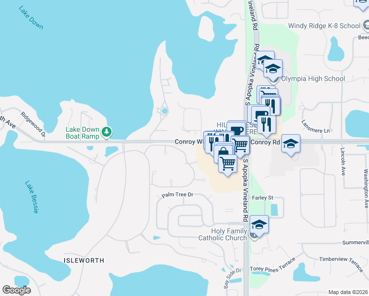 map of restaurants, bars, coffee shops, grocery stores, and more near 9350 Conroy Windermere Road in Windermere