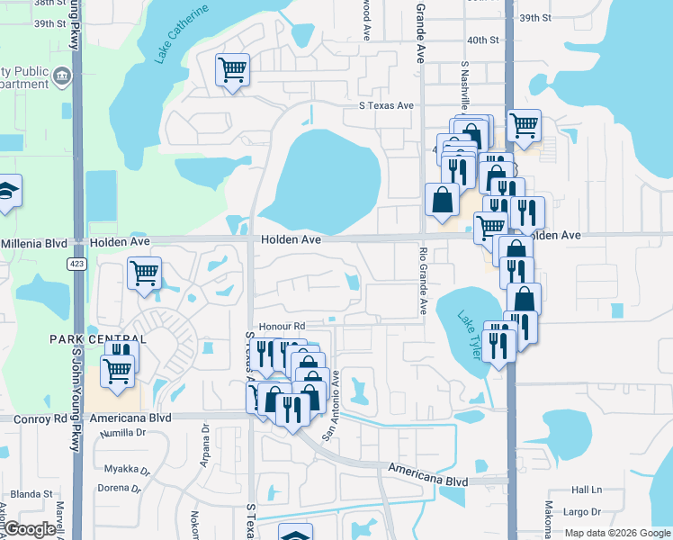 map of restaurants, bars, coffee shops, grocery stores, and more near 4767 South Texas Avenue in Orlando