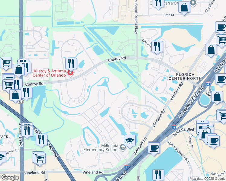 map of restaurants, bars, coffee shops, grocery stores, and more near 5148 Conroy Road in Orlando