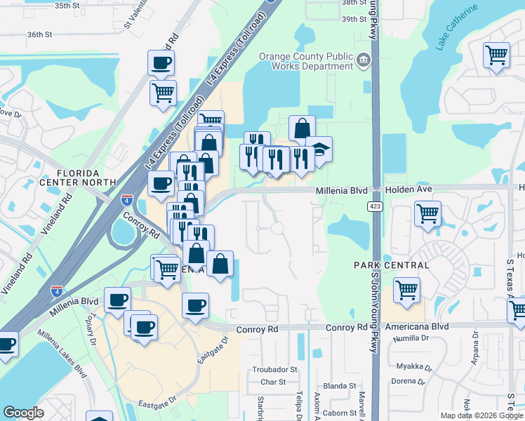 map of restaurants, bars, coffee shops, grocery stores, and more near 4855 Fiorazante Avenue in Orlando