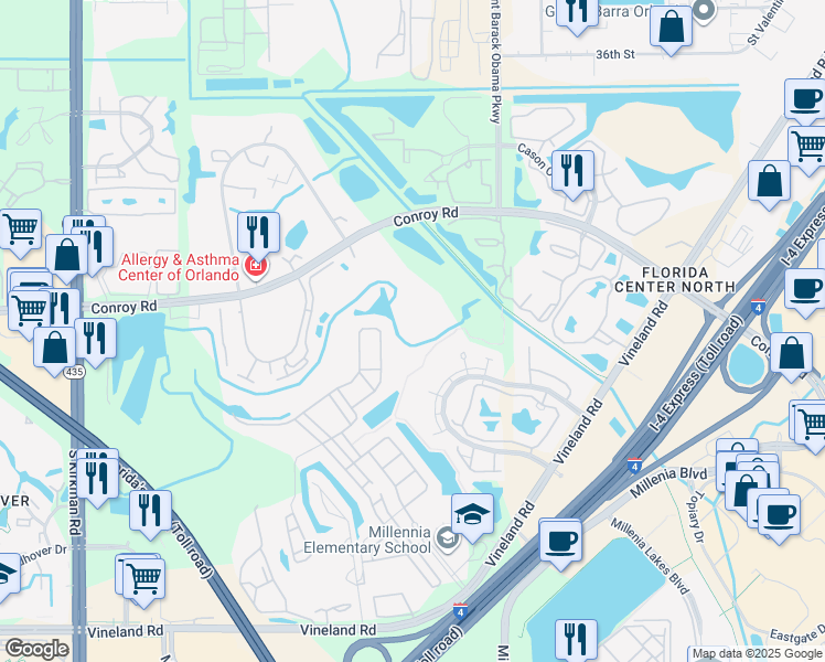 map of restaurants, bars, coffee shops, grocery stores, and more near 5148 Conroy Road in Orlando