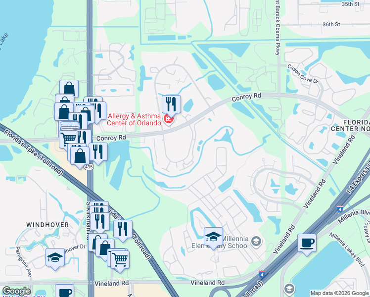 map of restaurants, bars, coffee shops, grocery stores, and more near 4844 Cypress Woods Drive in Orlando
