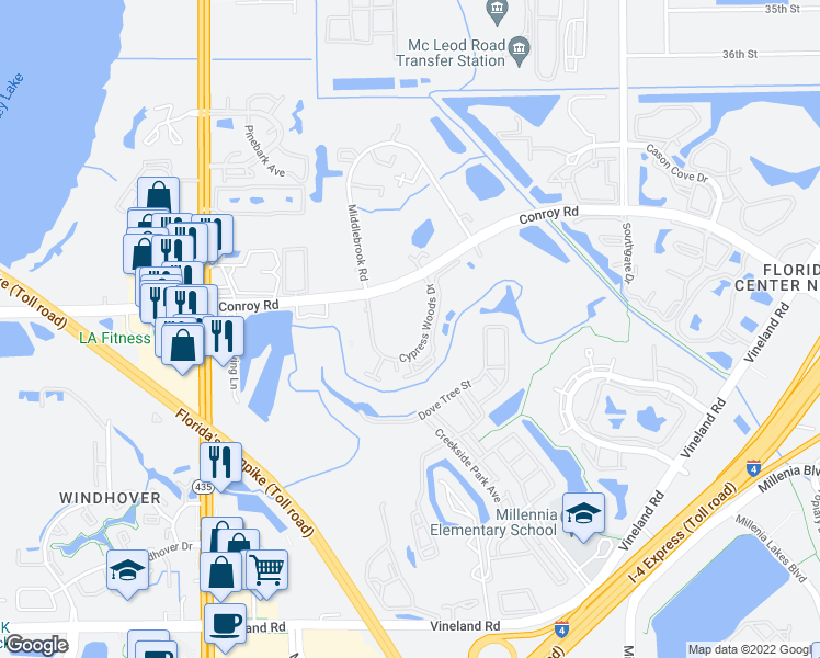 map of restaurants, bars, coffee shops, grocery stores, and more near 4897 Cypress Woods Drive in Orlando