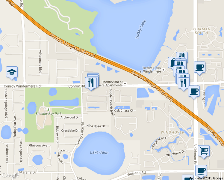 map of restaurants, bars, coffee shops, grocery stores, and more near 4701 Windsor Avenue in Orlando