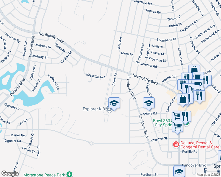 map of restaurants, bars, coffee shops, grocery stores, and more near 4273 Azora Road in Spring Hill