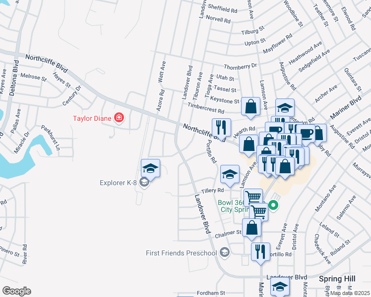 map of restaurants, bars, coffee shops, grocery stores, and more near 4375 Millwood Road in Spring Hill