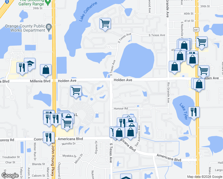 map of restaurants, bars, coffee shops, grocery stores, and more near 1800 Buchanan Bay Circle in Orlando