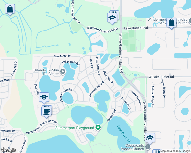 map of restaurants, bars, coffee shops, grocery stores, and more near 5021 Carillon Lane in Windermere